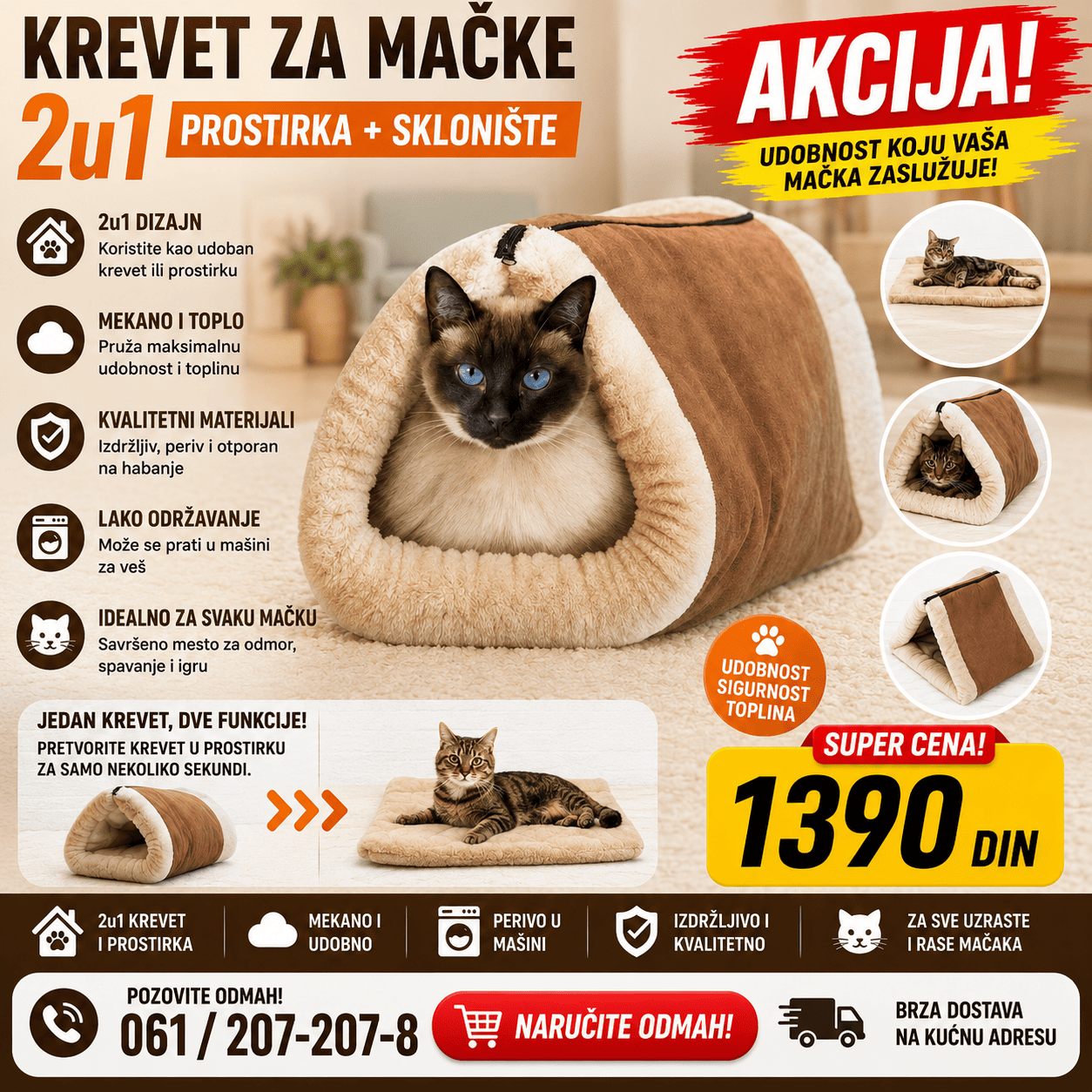 Kitty Shack 2 u 1 krevet i tunel za mačke, mekano i udobno mesto za spavanje, odmor, skrivanje i svakodnevnu igru kućnog ljubimca.