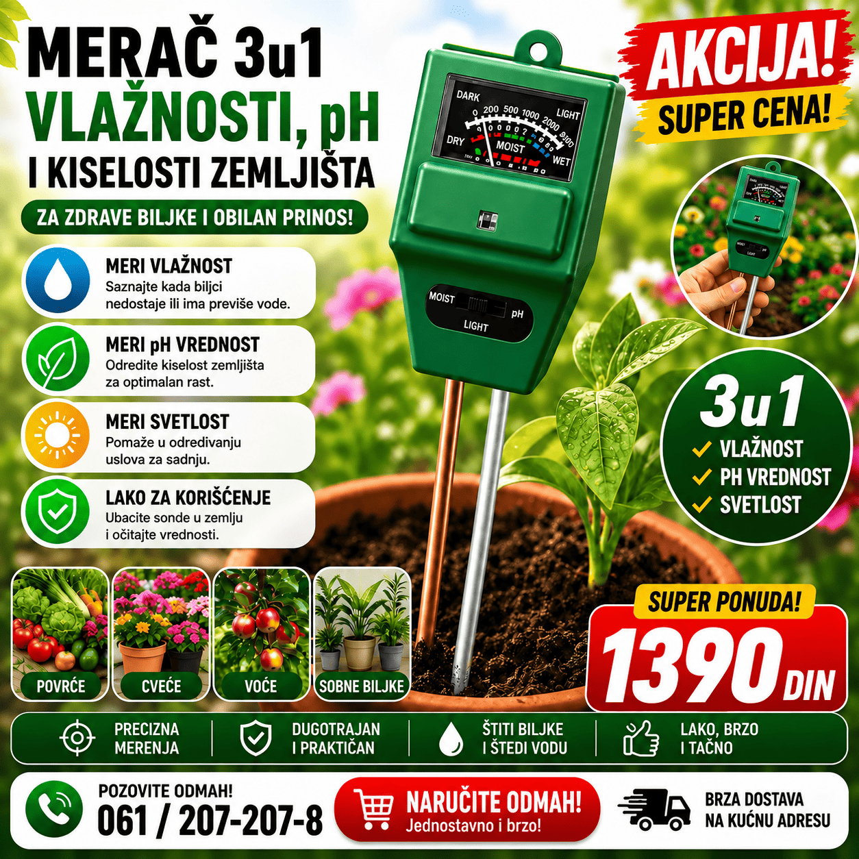 3 u 1 merač zemljišta za proveru vlažnosti, pH vrednosti i količine svetlosti, praktičan za negu sobnih, baštenskih i saksijskih biljaka.