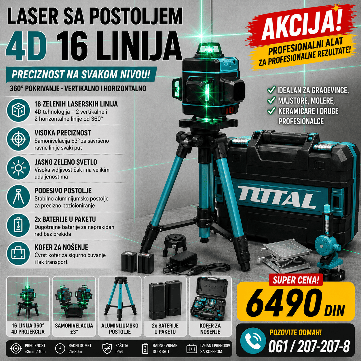 4D laserski nivelator sa stativom, koferom i dodatnom opremom, praktičan za precizno nivelisanje i izvođenje različitih građevinskih i montažnih radova.