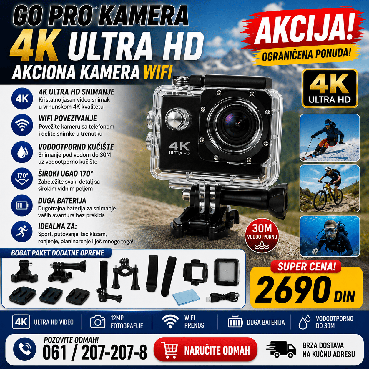 Sportska 4K Ultra HD akciona kamera sa vodootpornim zaštitnim kućištem, praktična za snimanje vožnje bicikla, skijanja i drugih avantura.