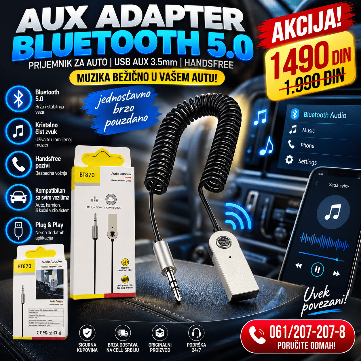 Bluetooth 5.0 AUX adapter BT870 za auto sa 3.5 mm priključkom, spiralnim kablom i funkcijom bežičnog prenosa muzike.