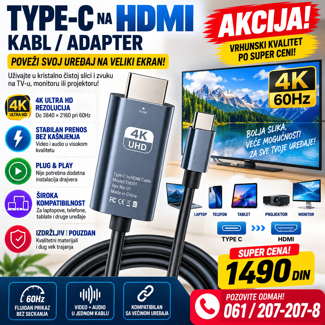 Adapter Type C na HDMI kabl 4K 60Hz sive boje za povezivanje laptopa, telefona i tableta sa televizorom, monitorom ili projektorom.