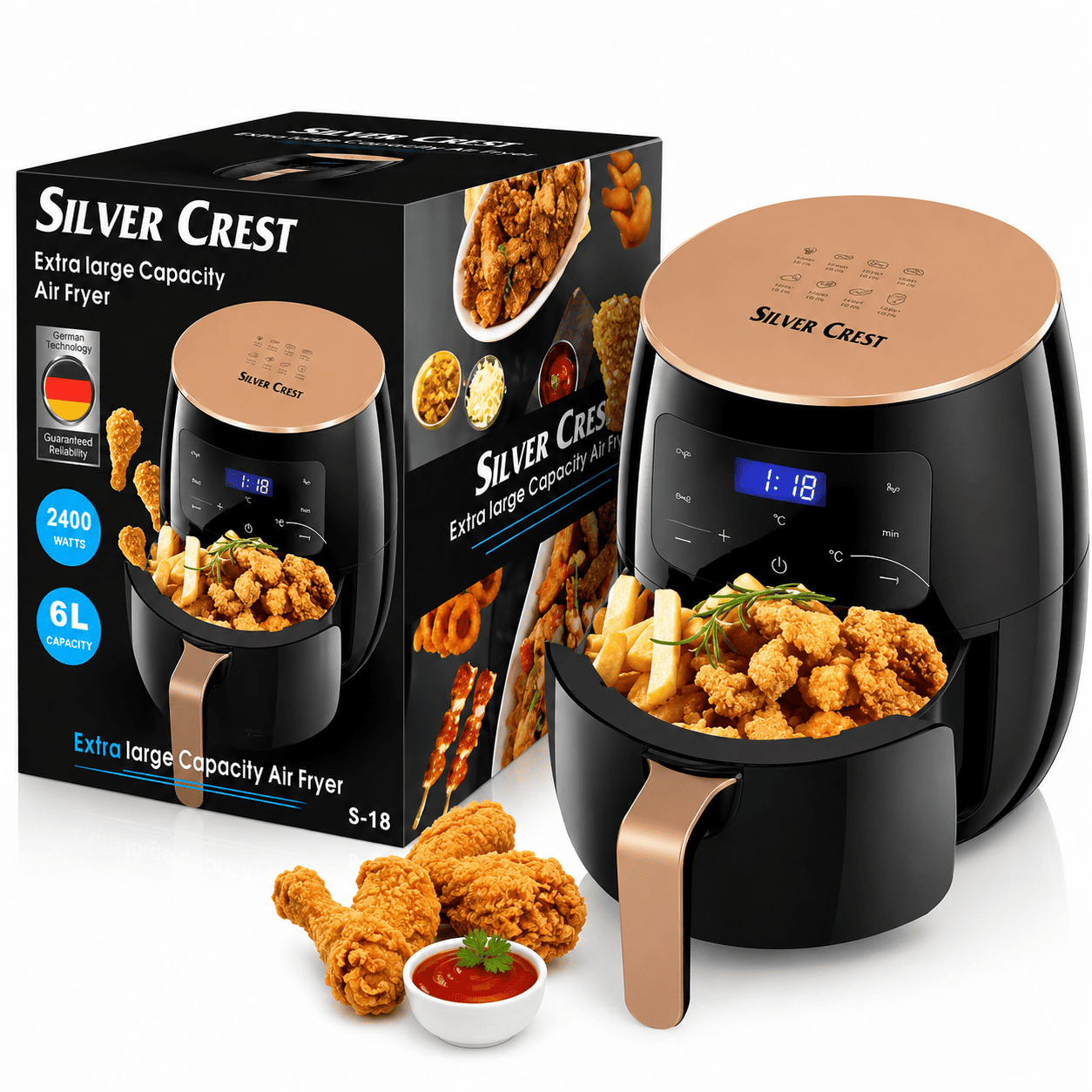 Air Fryer Silver Crest 6L sa digitalnim kontrolama i velikom korpom za pripremu pomfrita, mesa, povrća i drugih omiljenih jela.