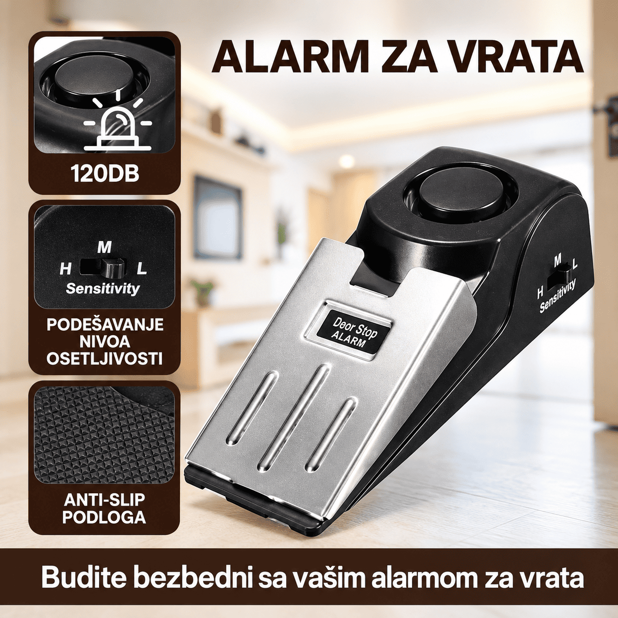 Alarm protiv provale za vrata sa metalnim graničnikom, anti-slip podlogom i tri nivoa senzitivnosti.