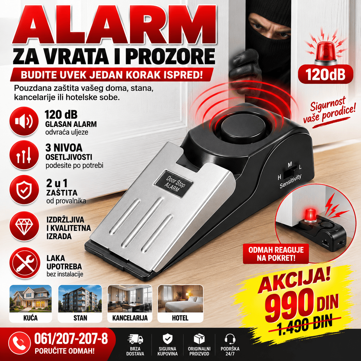 Alarm za vrata i prozore sa glasnom sirenom od 120 dB i podesivim nivoima osetljivosti za dodatnu zaštitu doma.