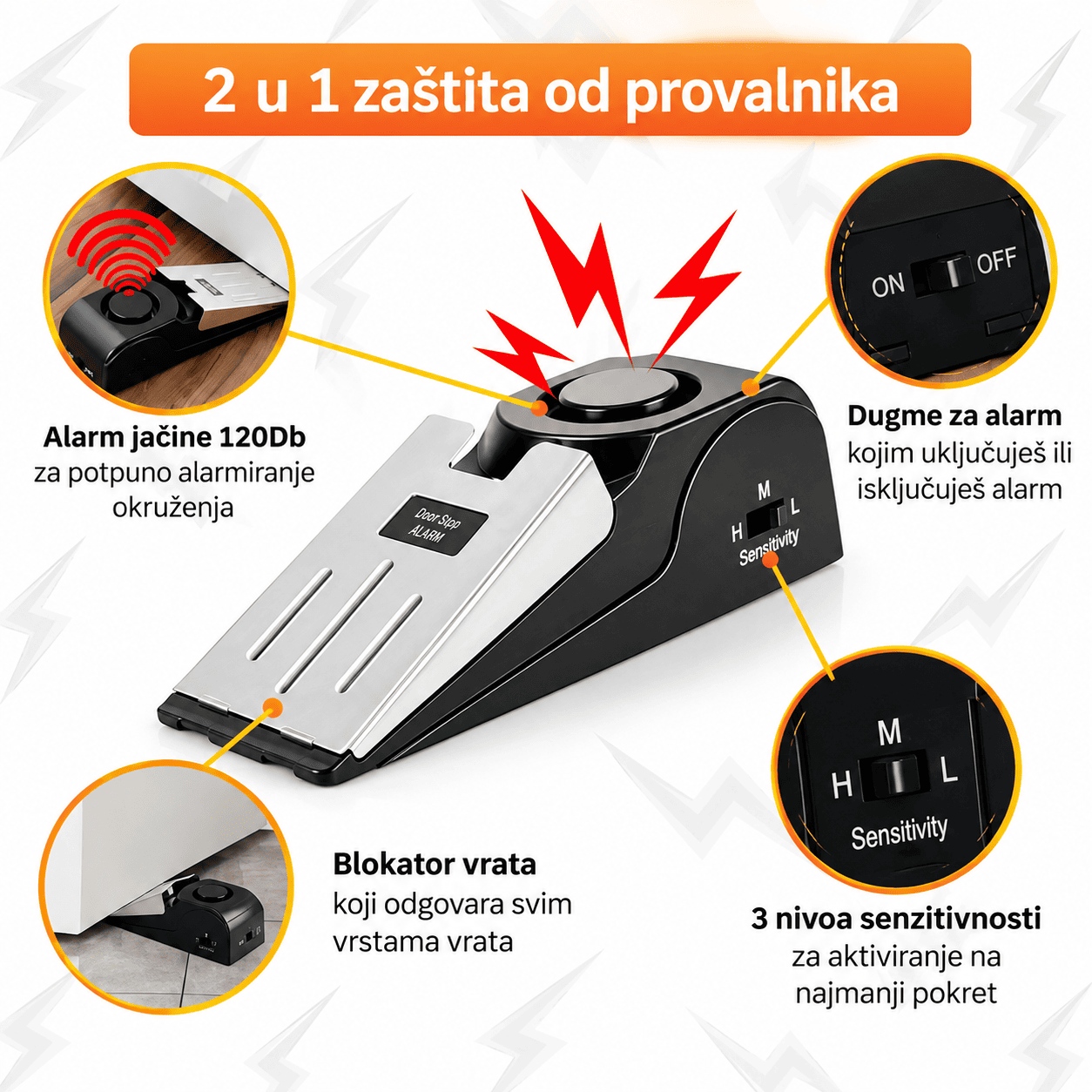 Alarm za zaštitu vrata i prozora sa podesivom osetljivošću i snažnim zvučnim signalom od 120 dB protiv neželjenog ulaska.