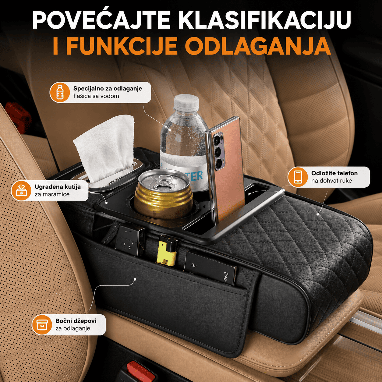 Auto organizator i naslon za ruku 2 u 1 sa više pregrada za odlaganje, držačima za piće i prostorom za telefon i lične stvari.