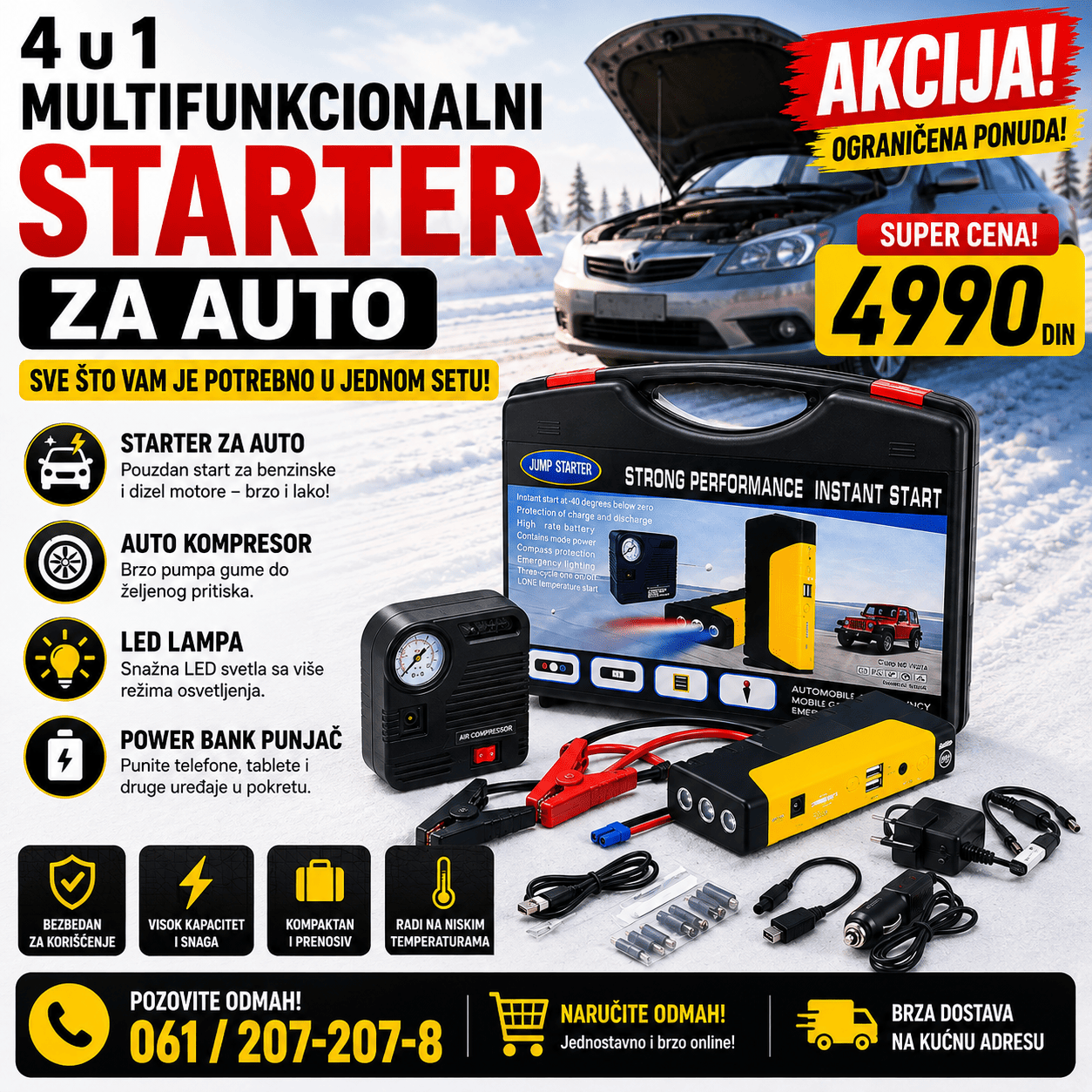 Auto starter 4 u 1 sa kompaktnim dizajnom i kompletnim setom dodataka, namenjen za vozače kojima je potreban praktičan uređaj za vanredne situacije na putu.