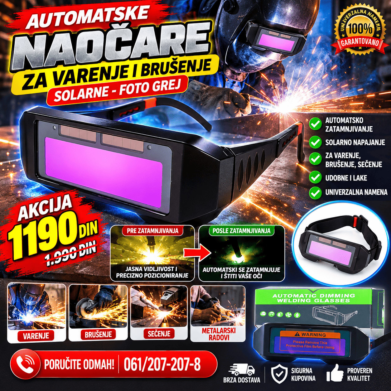 Automatske solarne FotoGrej naočare za varenje i brušenje sa automatskim zatamnjivanjem i zaštitom očiju tokom rada.