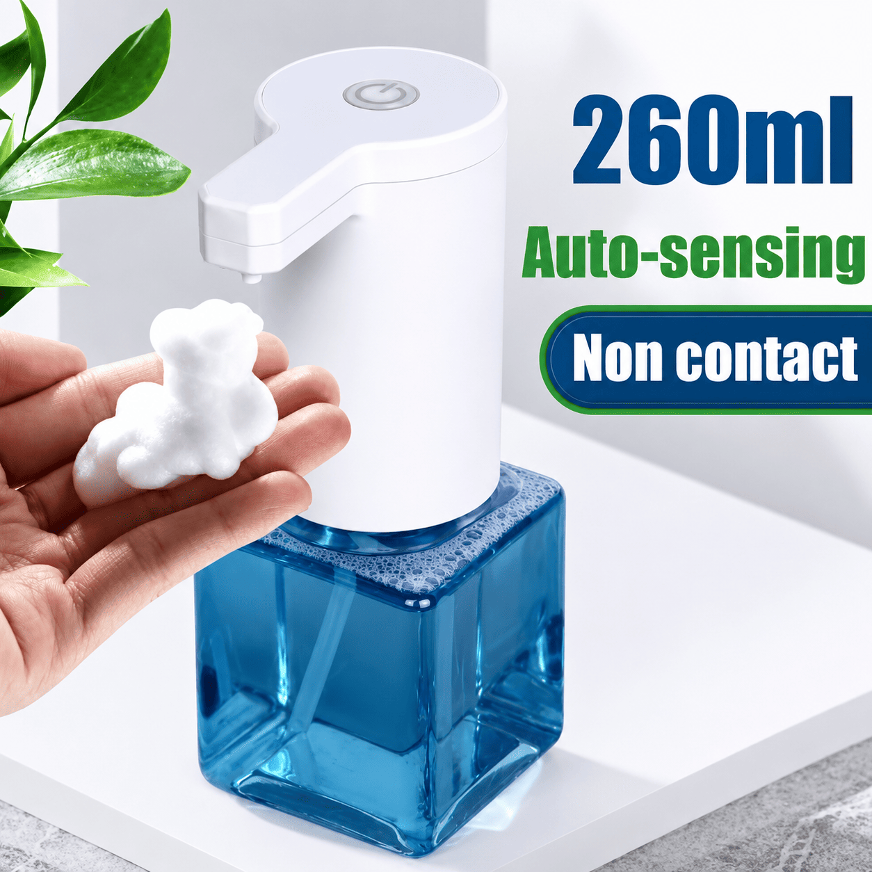 Senzorski dozer za tečni sapun od 260 ml sa automatskim doziranjem, modernog i kompaktnog dizajna za kupatilo ili kuhinju.