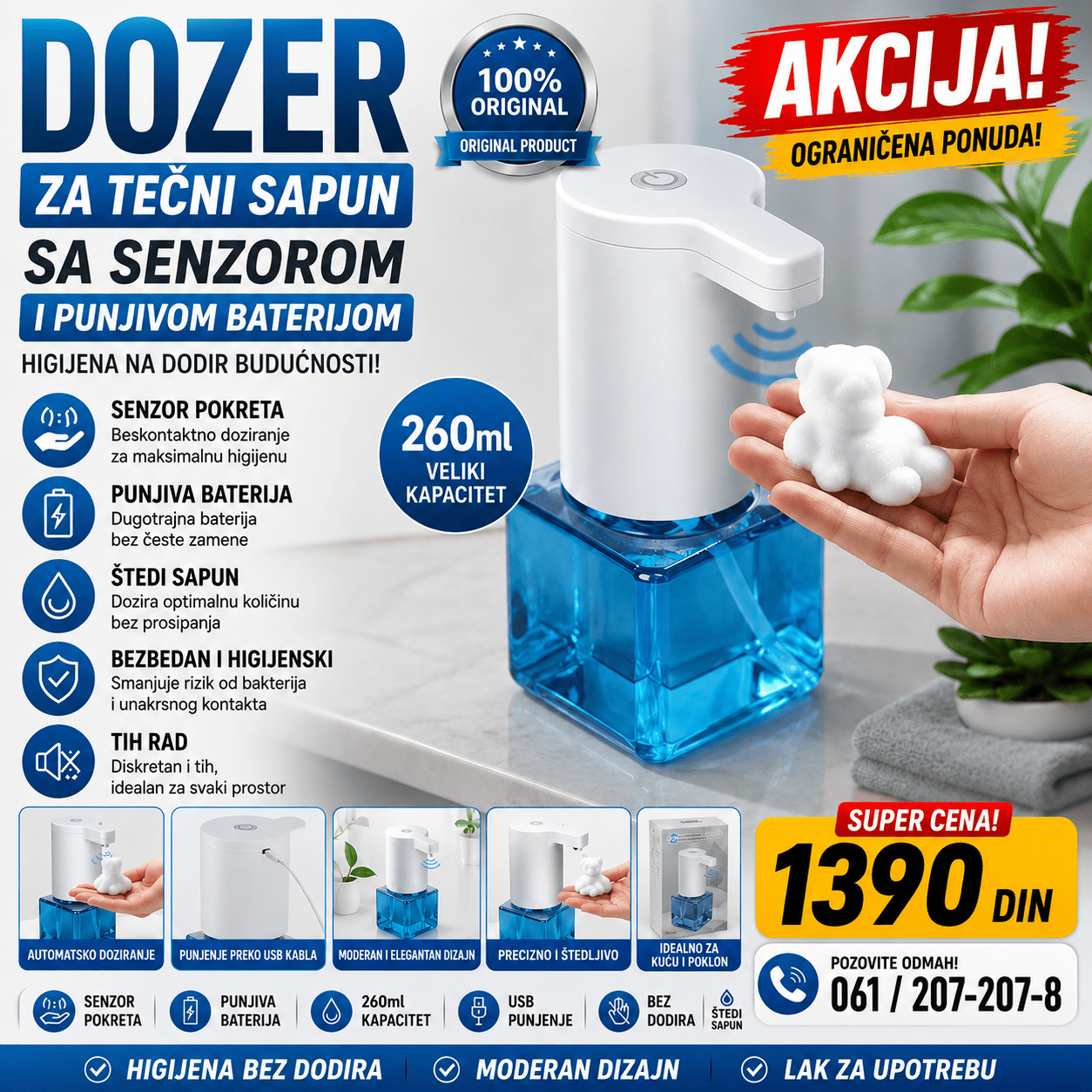 Beskontaktni dozer za sapun od 260 ml sa automatskim senzorom, praktičan za kupatilo, kuhinju, kancelariju i druge prostorije.