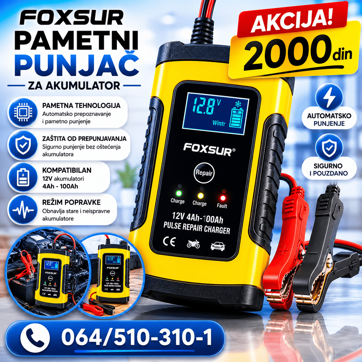 FOXSUR 12V pametni punjač za brzo i sigurno punjenje akumulatora.