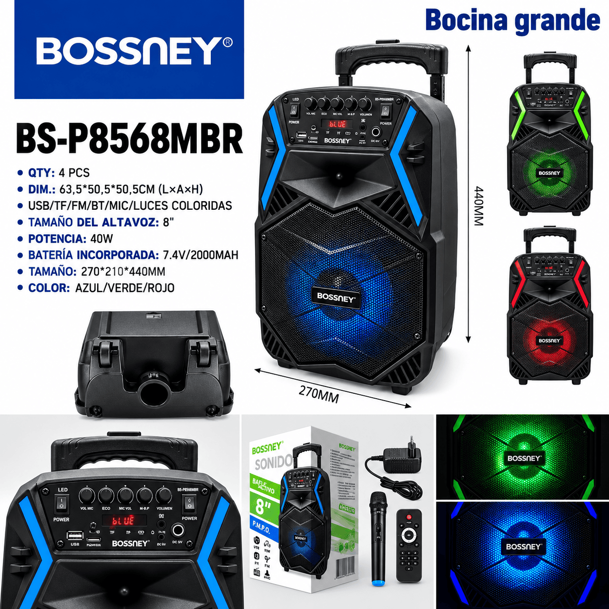 Prenosivi karaoke zvučnik BOSSNEY BS-8568 sa Bluetooth funkcijom, USB priključkom, FM radiom i bežičnim mikrofonom u kompletu.