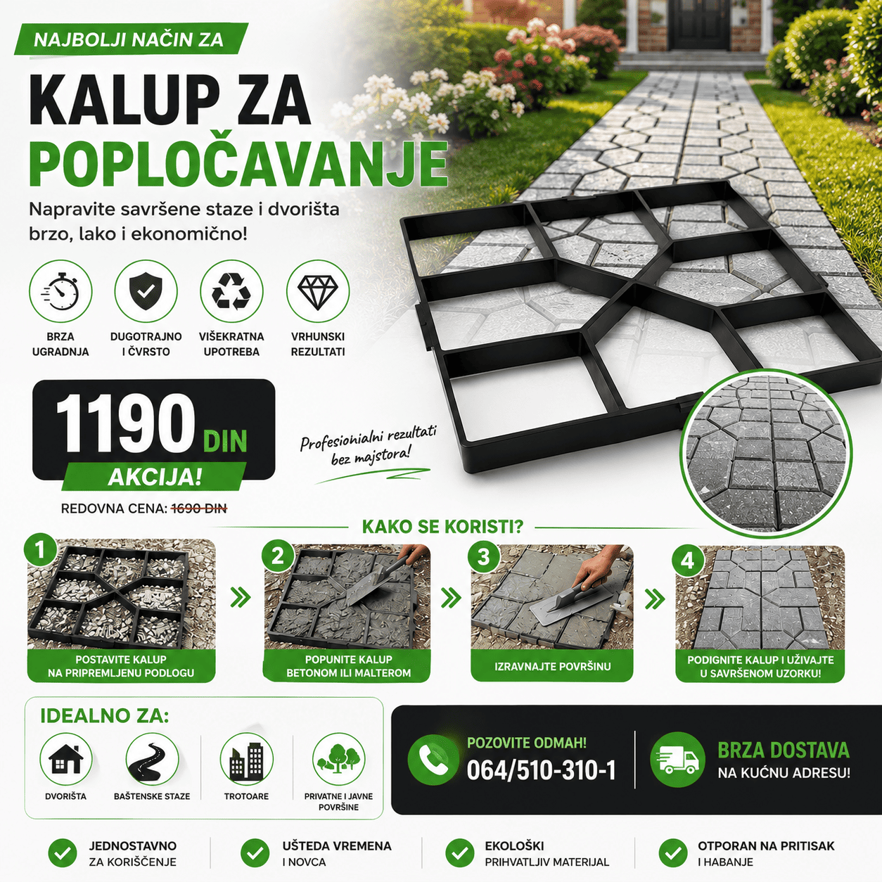 Baštenski kalup za izradu betonskih staza omogućava brzo i jednostavno pravljenje dekorativnih ploča i prilaza bez potrebe za skupim građevinskim radovima.