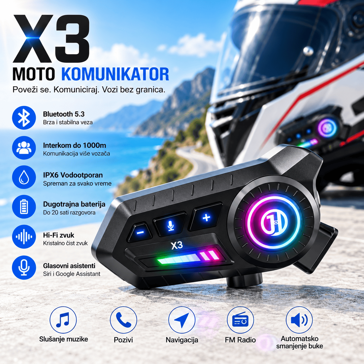 Bežične moto slušalice za kacigu X3 Pro sa Bluetooth povezivanjem, mikrofonom i komandama za jednostavno korišćenje tokom vožnje.