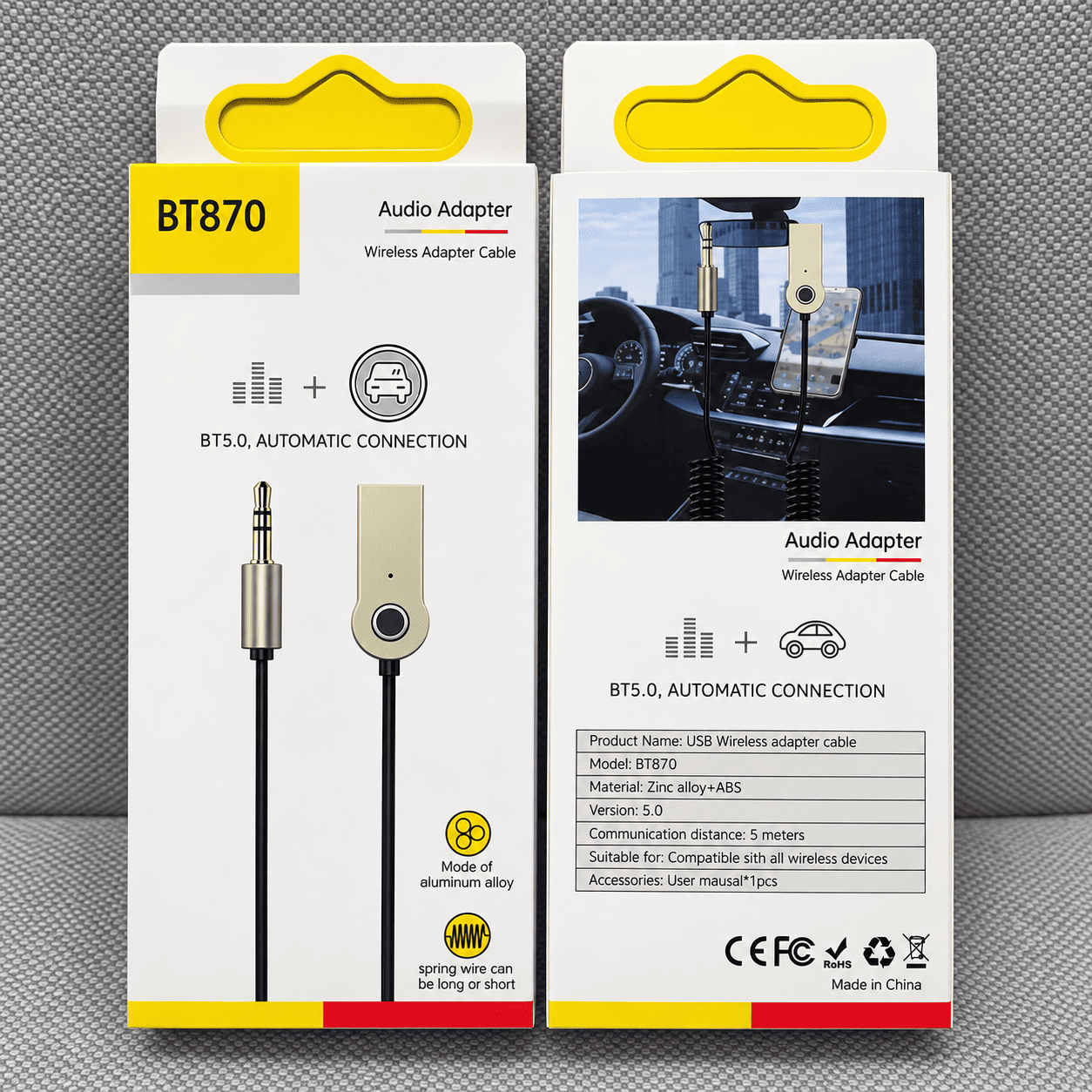 Bluetooth 5.0 audio adapter sa spiralnim AUX kablom i 3.5 mm priključkom za povezivanje telefona sa automobilom.