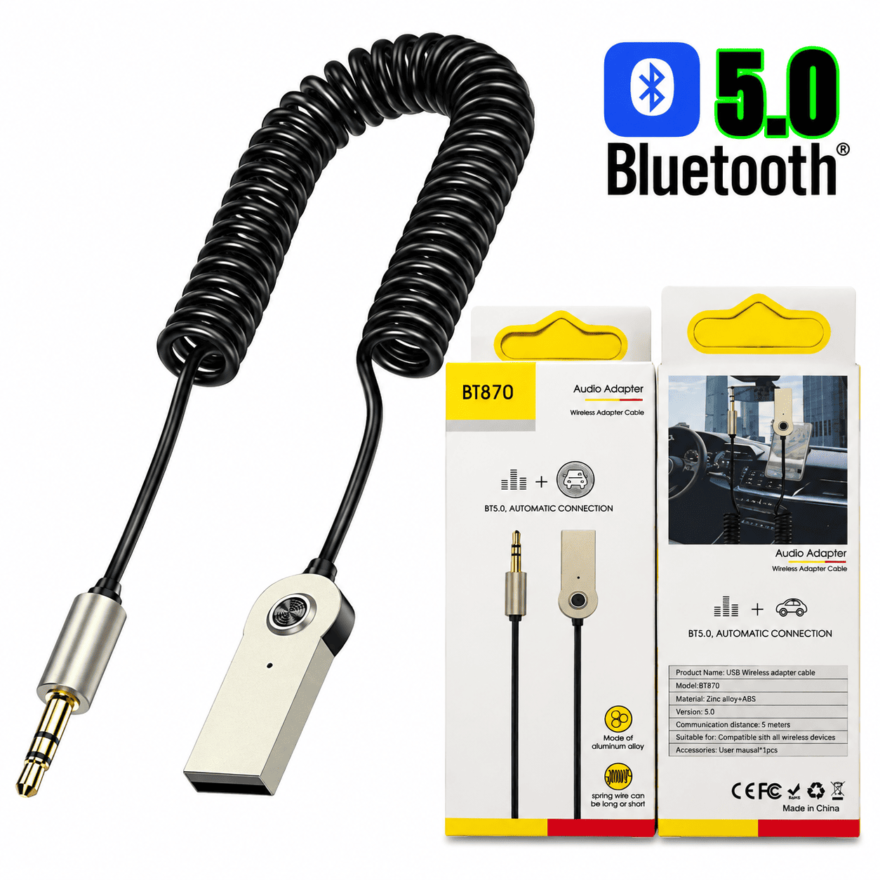 Bluetooth 5.0 prijemnik za auto radio sa 3.5 mm AUX priključkom i fleksibilnim spiralnim kablom za praktično povezivanje.