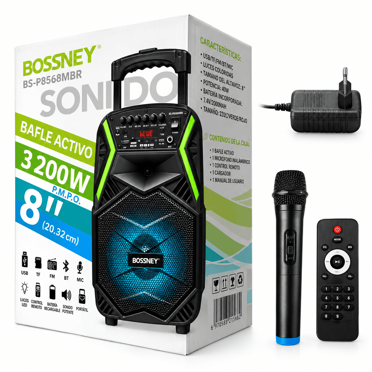 Bluetooth karaoke zvučnik BOSSNEY BS-8568 sa bežičnim mikrofonom, daljinskim upravljačem i LED osvetljenjem za proslave i druže