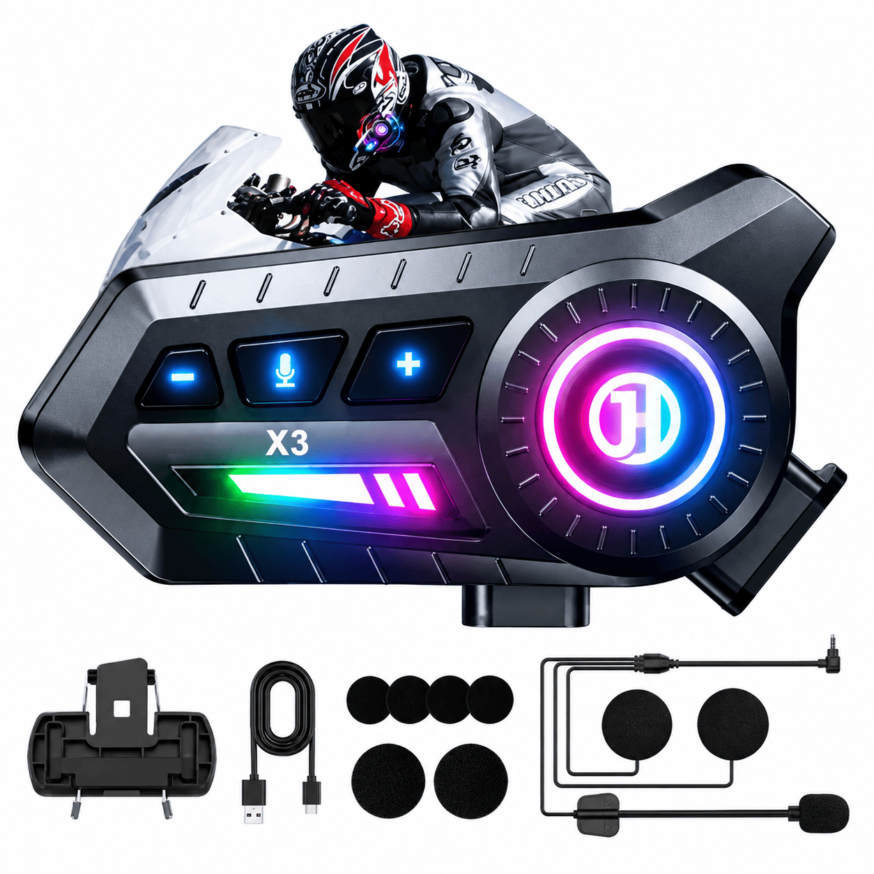 Univerzalne Bluetooth slušalice za moto kacigu X3 Pro sa interkom funkcijom, mikrofonom i praktičnim komandama za motocikliste.