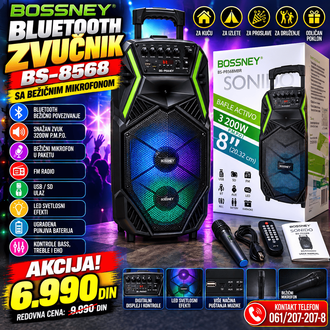Bluetooth zvučnik BOSSNEY BS-8568 sa bežičnim mikrofonom, snažnim zvukom i LED osvetljenjem, idealan za zabave, proslave i kućnu upotrebu.