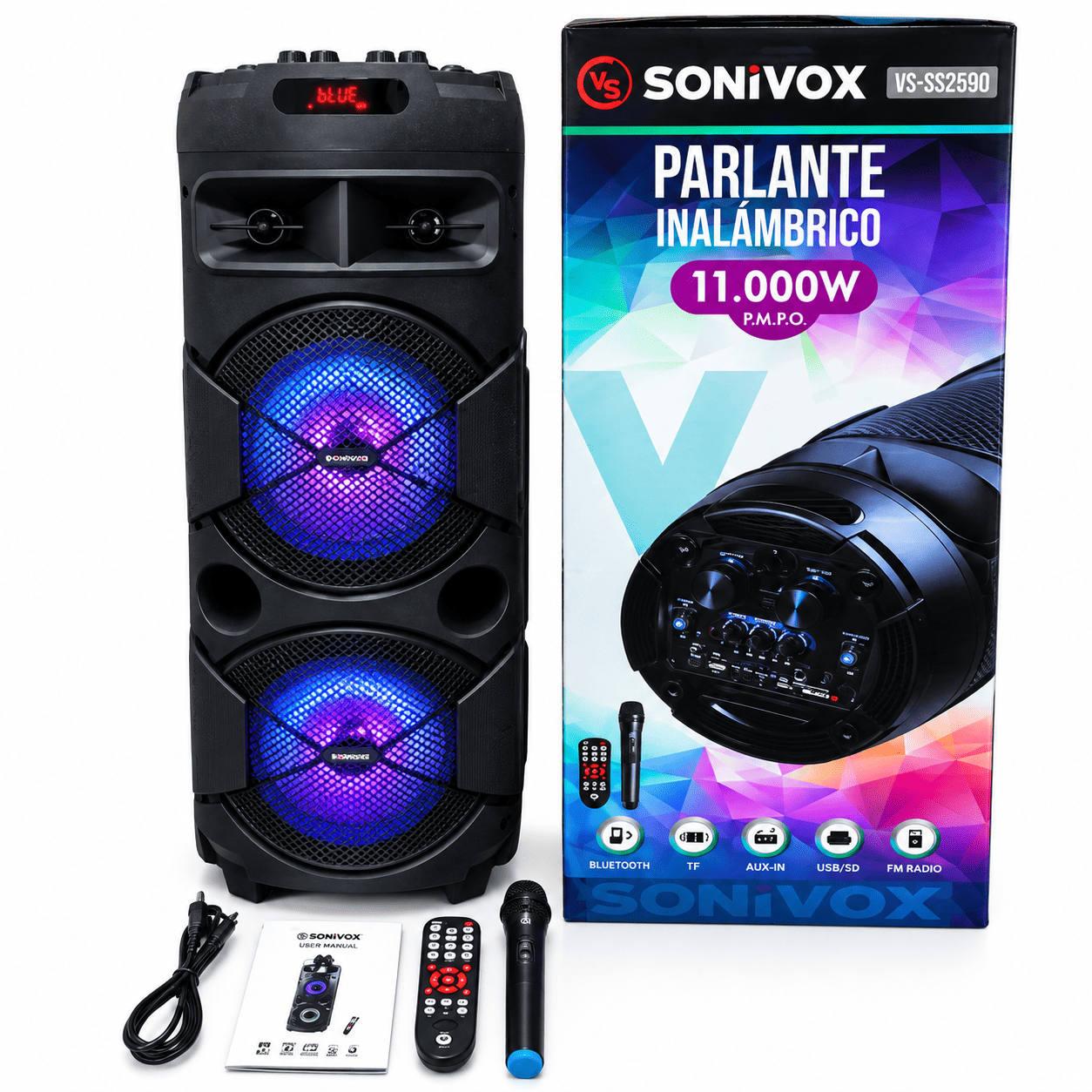 Profesionalni Bluetooth zvučnik Sonivox 150W sa bežičnim mikrofonom i LED svetlosnim efektima, namenjen za proslave, druženja i zabavu u zatvorenom prostoru.