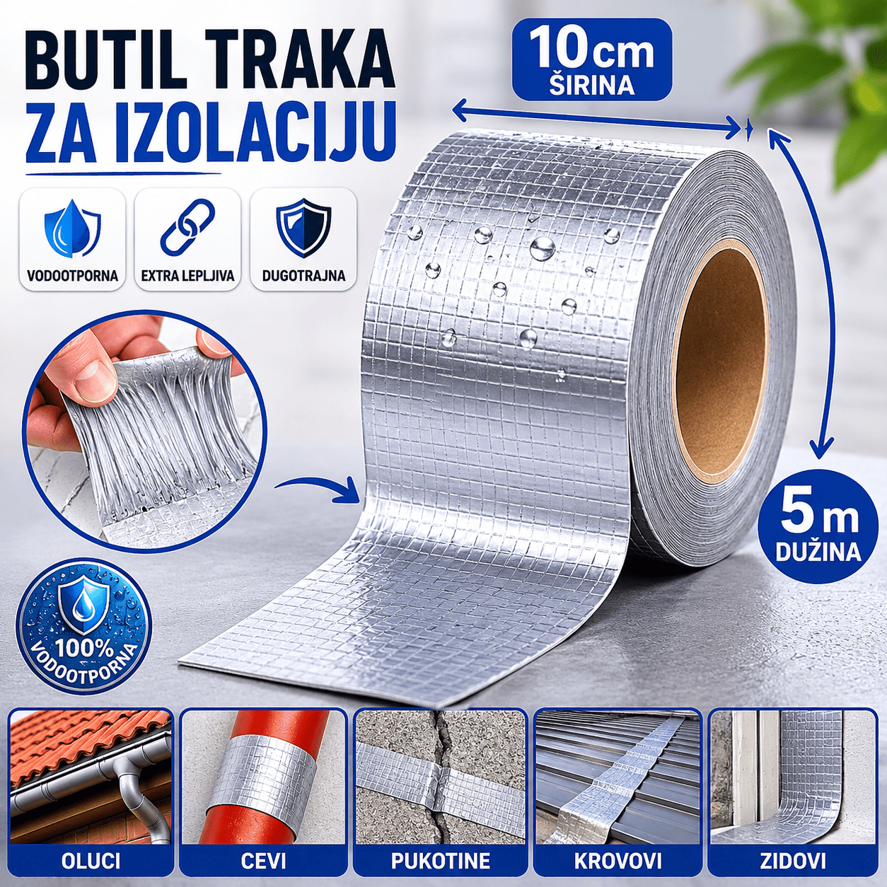 Vodootporna samolepljiva butil traka sa aluminijumskim slojem za zaptivanje pukotina i sprečavanje prodora vode i vlage na različitim površinama.