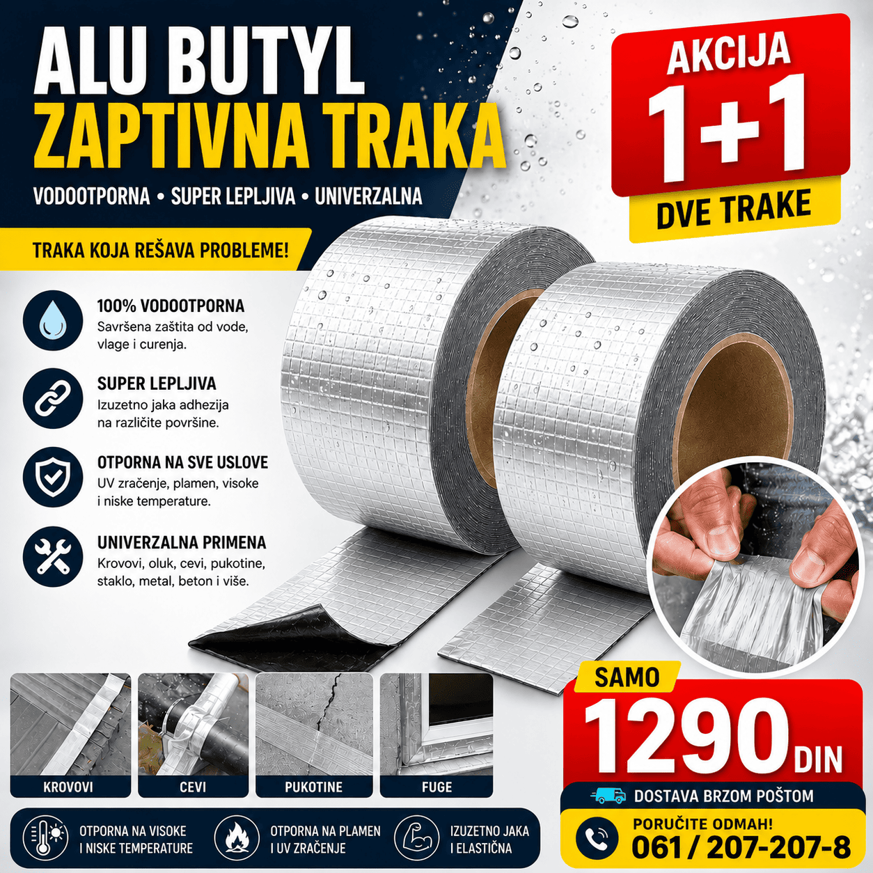 Vodootporna butil traka 5 cm, akcija 1+1 sa 2 komada u pakovanju, praktična za popravke krova, oluka, cevi, zidova i drugih površina.