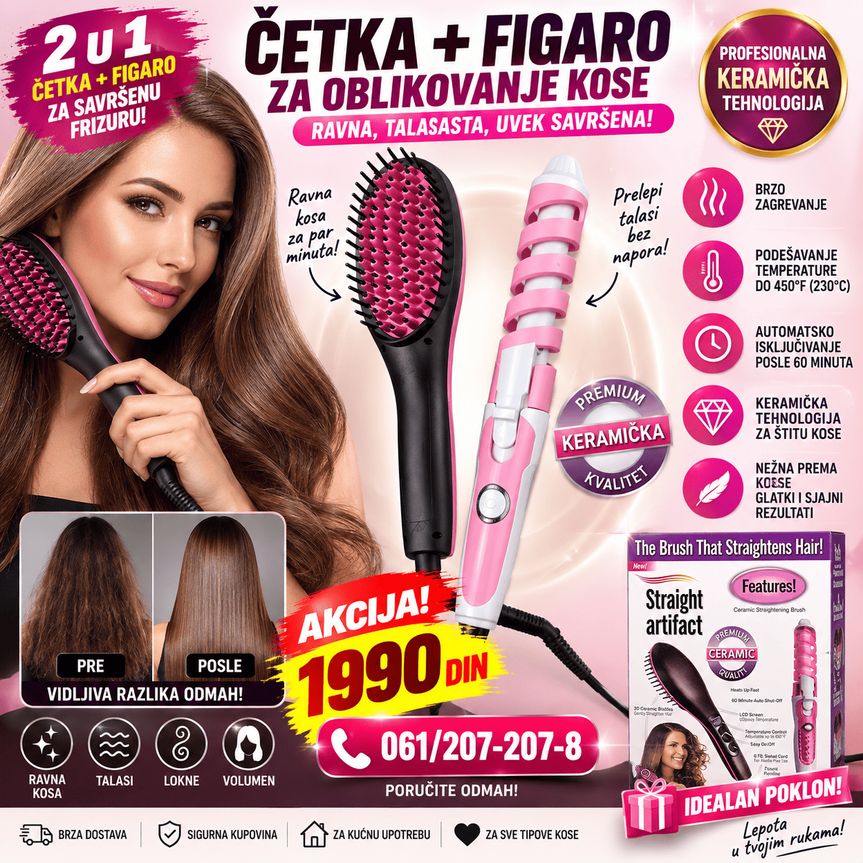 Električna četka za ispravljanje kose i figaro 2 u 1 set za ravnu, talasastu i kovrdžavu kosu sa keramičkom tehnologijom.