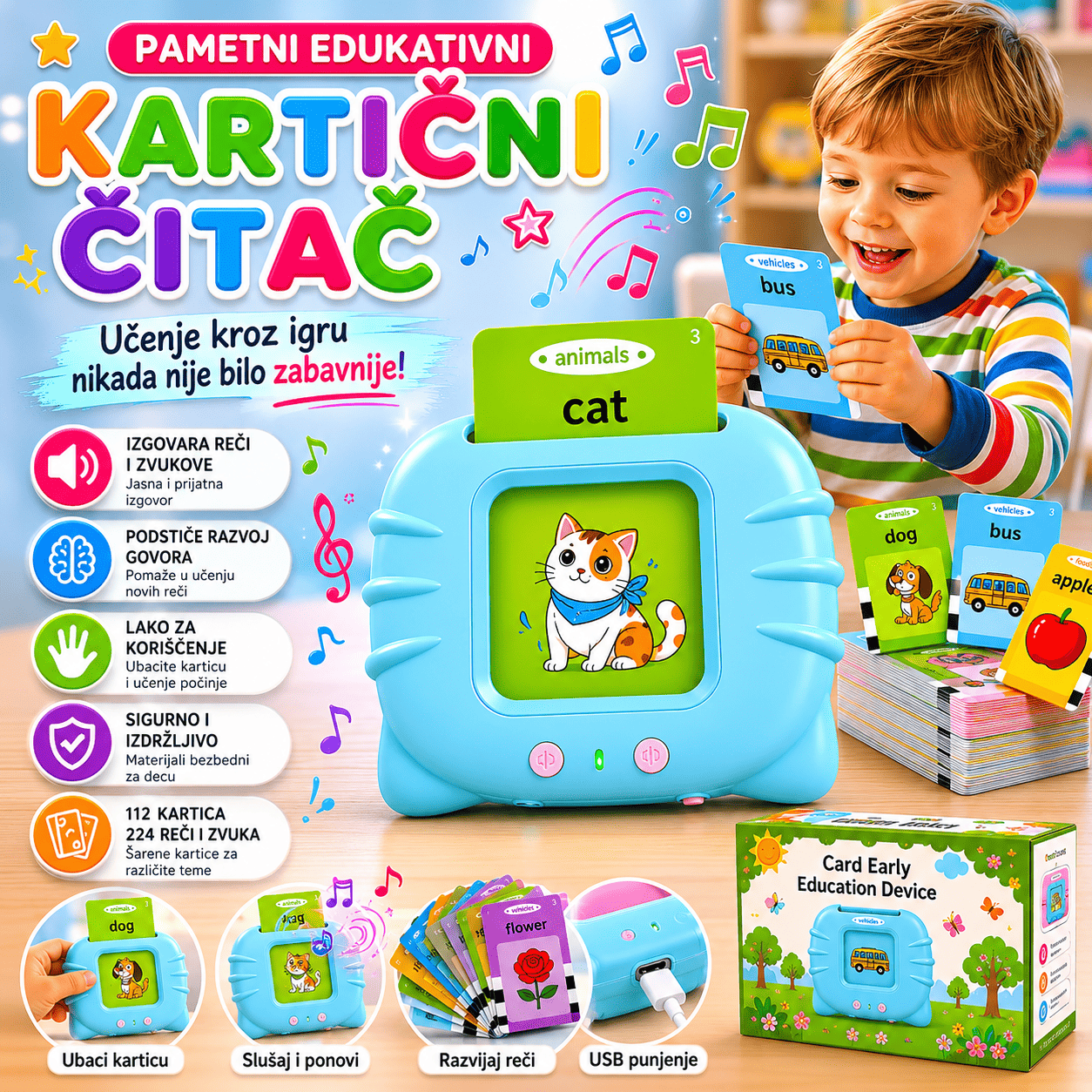 Dečije edukativne kartice sa zvučnim čitačem i 112 kartica sa slikama i engleskim nazivima, praktičan način da dete kroz igru upoznaje nove reči.