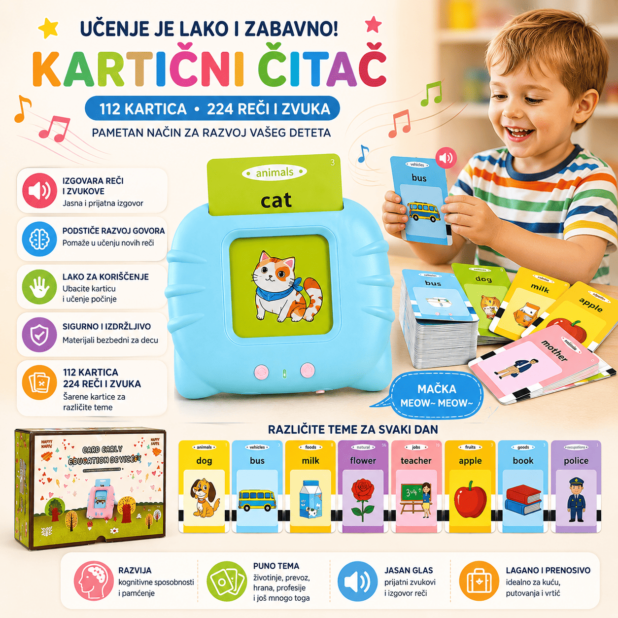 Interaktivne kartice za učenje engleskog jezika sa elektronskim uređajem koji reprodukuje izgovor reči, praktične za edukaciju i igru dece.