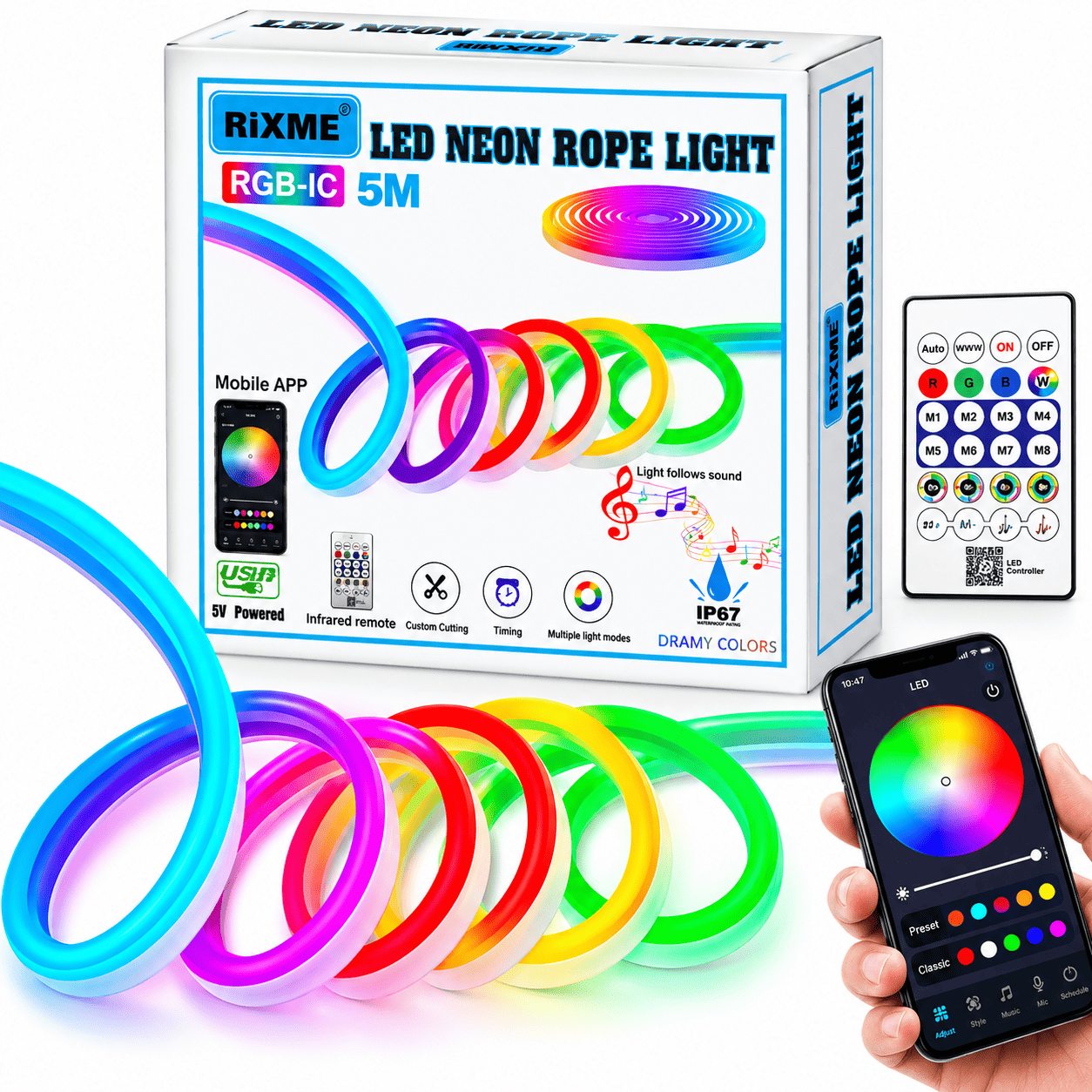 Dekorativna LED NEON RGB traka 5 m sa daljinskim za osvetljenje spavaće sobe, dnevne sobe, kuhinje ili gejming setupa.