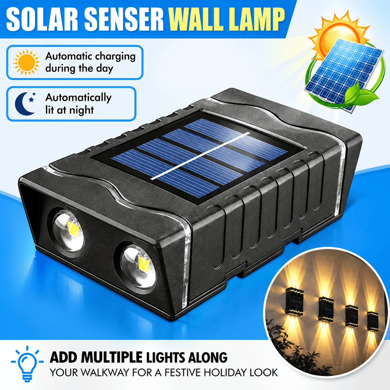Dekorativne solarne LED lampe za zid u pakovanju od 4 komada, sa osvetljenjem usmerenim nagore i nadole za atraktivan izgled spoljašnjeg prostora.