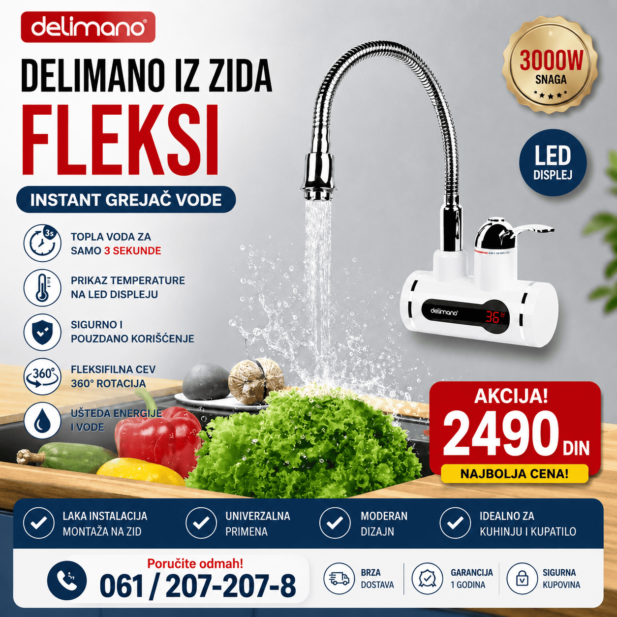 Delimano zidna česma sa fleksibilnim savitljivim crevom, praktična za pranje sudova, namirnica i lakše održavanje kuhinjske sudopere.