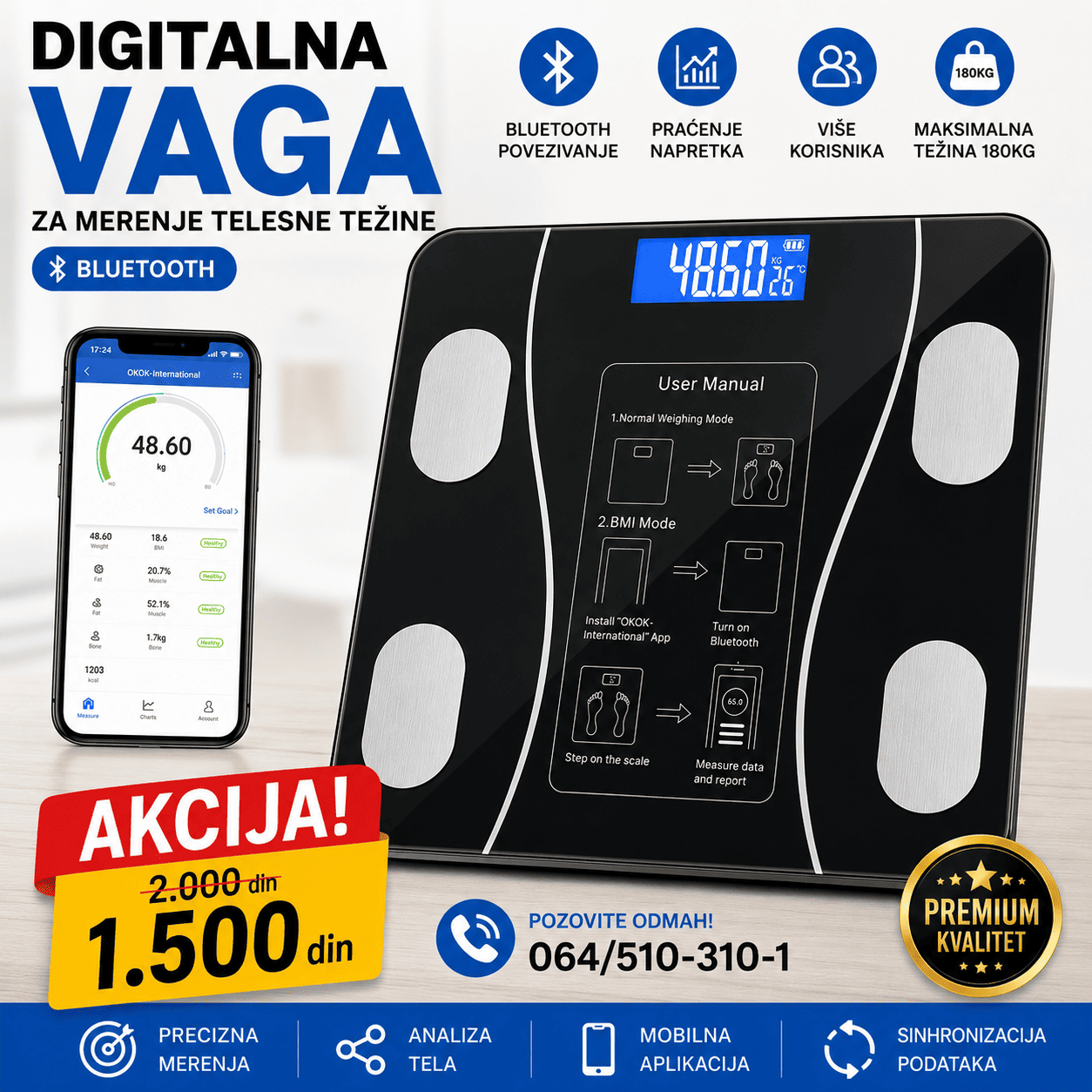 Digitalna Bluetooth vaga do 180 kg sa mobilnom aplikacijom za praćenje telesne težine i zdravstvenih rezultata