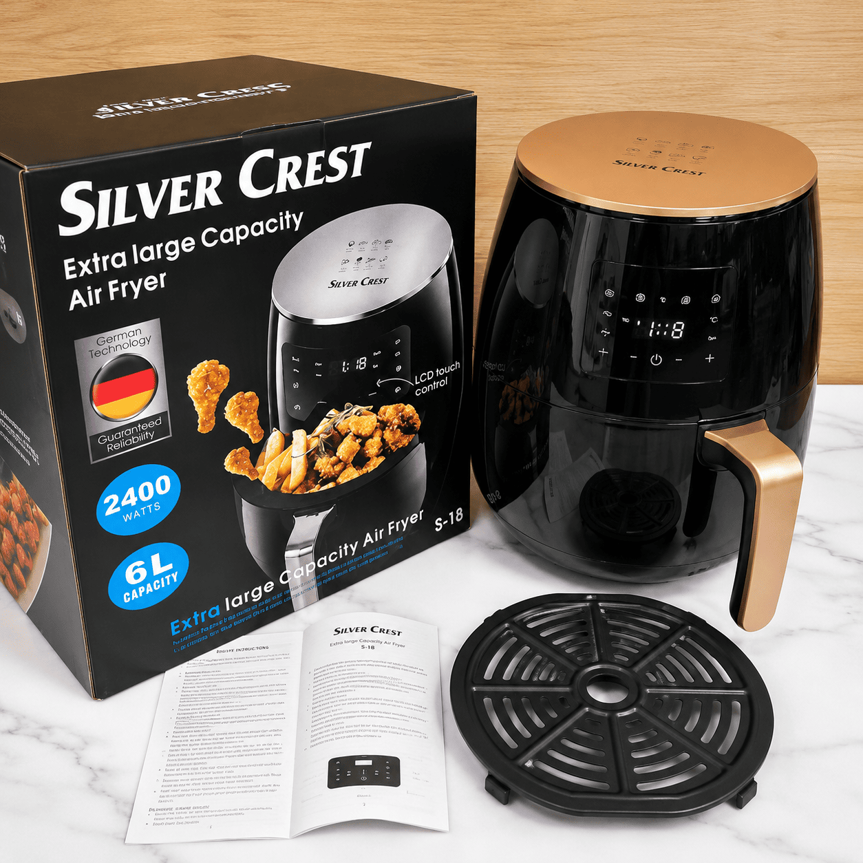 Digitalna friteza na vruć vazduh Silver Crest kapaciteta 6L, pogodna za pečenje i pripremu hrskavih obroka sa malo ili bez dodatog ulja.