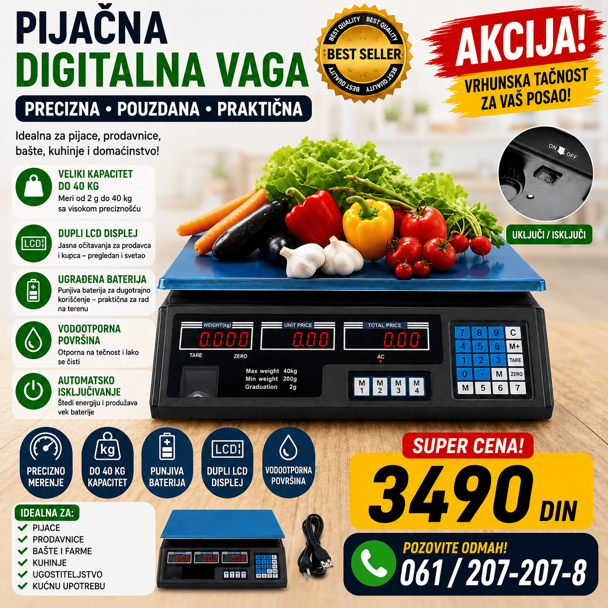 Digitalna pijačna vaga do 40 kg sa velikom platformom, tri digitalna displeja i tastaturom za jednostavno merenje težine i obračun cene proizvoda.