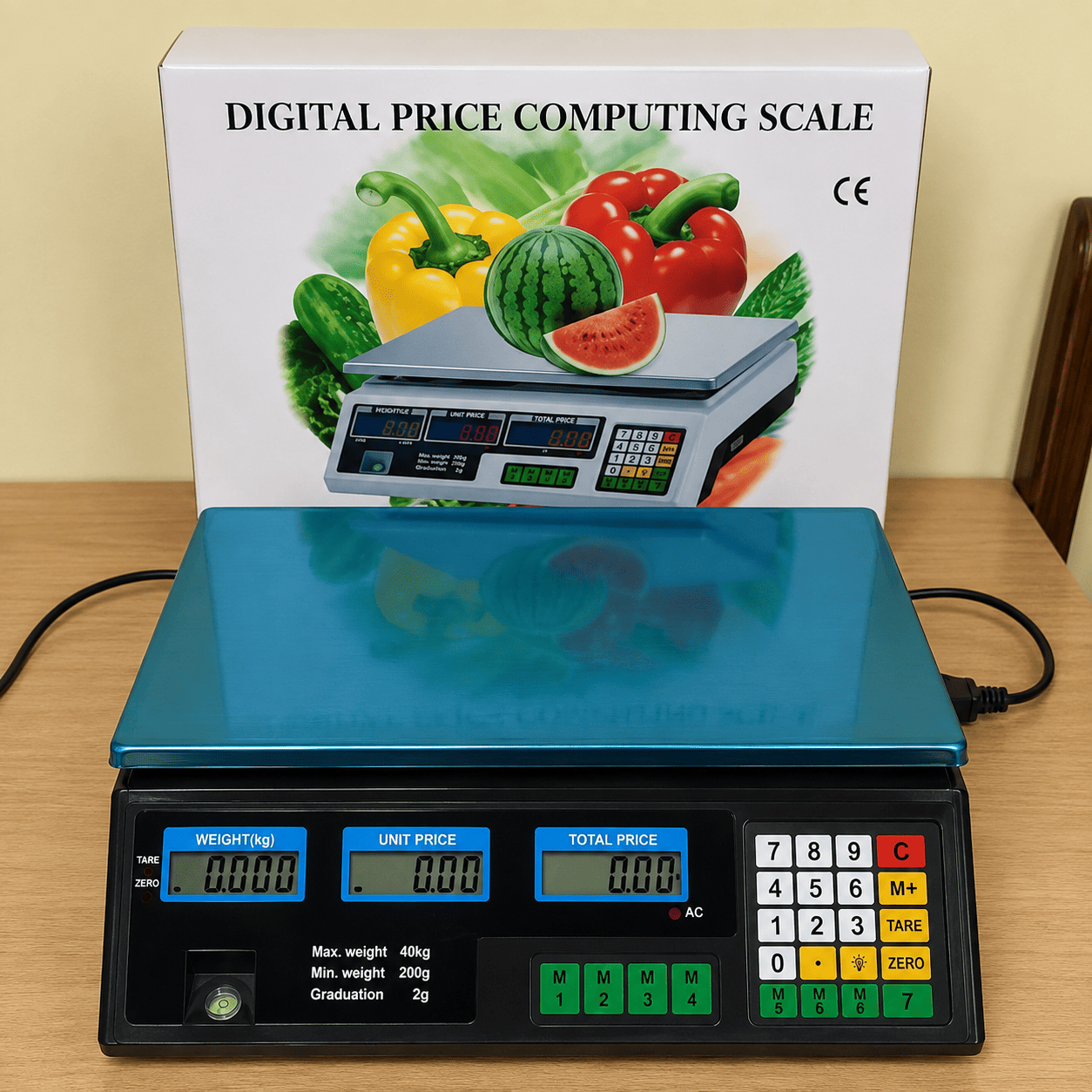 Digitalna vaga za pijacu i prodavnicu do 40 kg sa ravnom platformom za merenje i praktičnom numeričkom tastaturom za unos cene.
