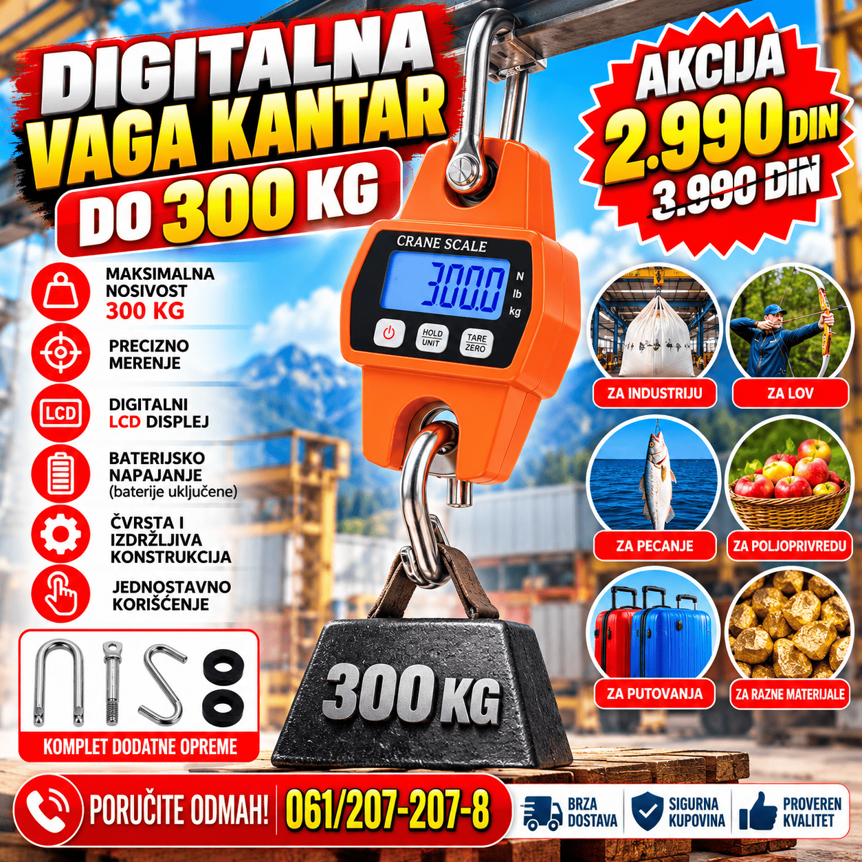 Digitalna viseća vaga kantar do 300 kg sa LCD displejem i metalnim kukama za precizno merenje težine.