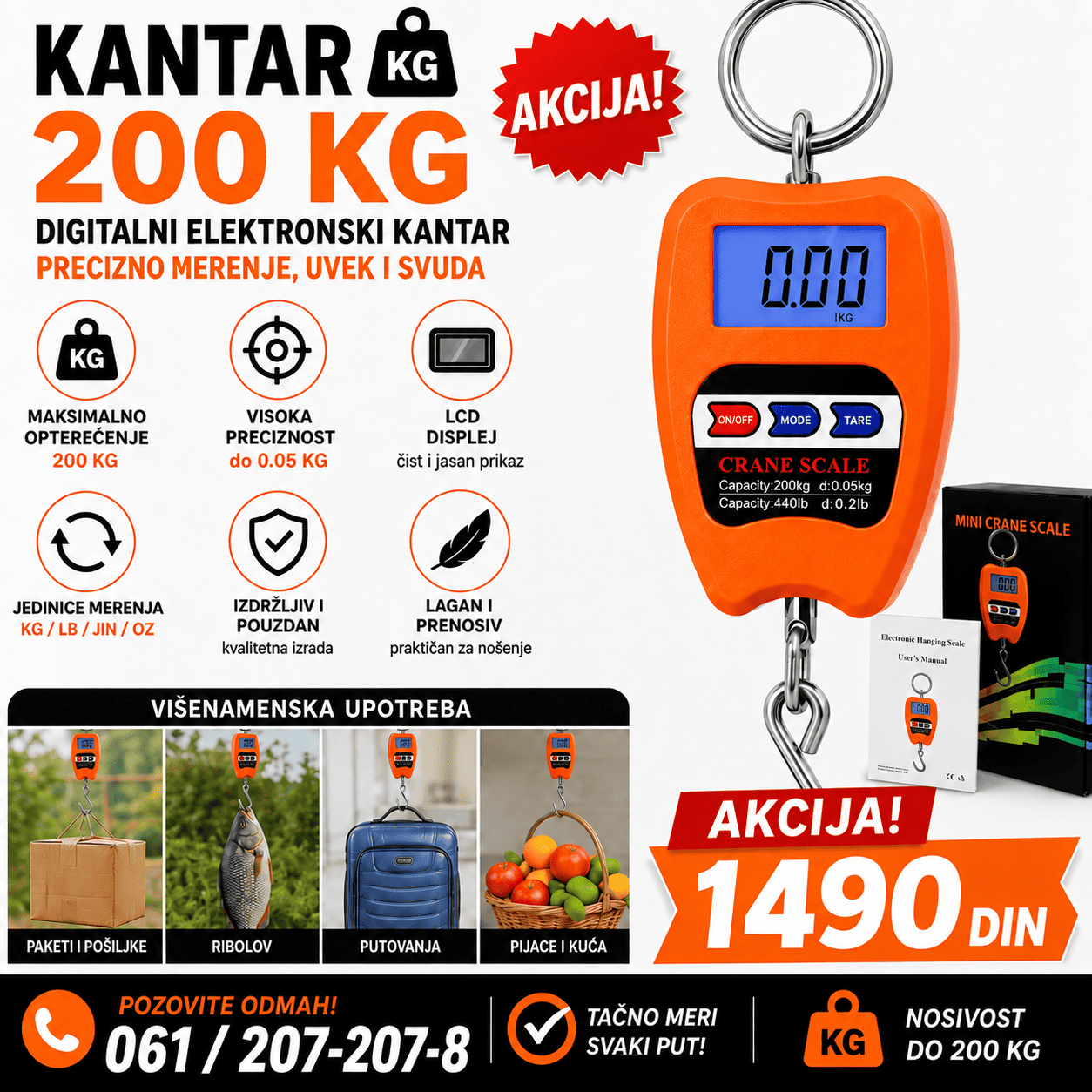 Elektronski kantar nosivosti do 200 kg sa preglednim digitalnim displejem, metalnom kukom i ručkom za jednostavno merenje težine.