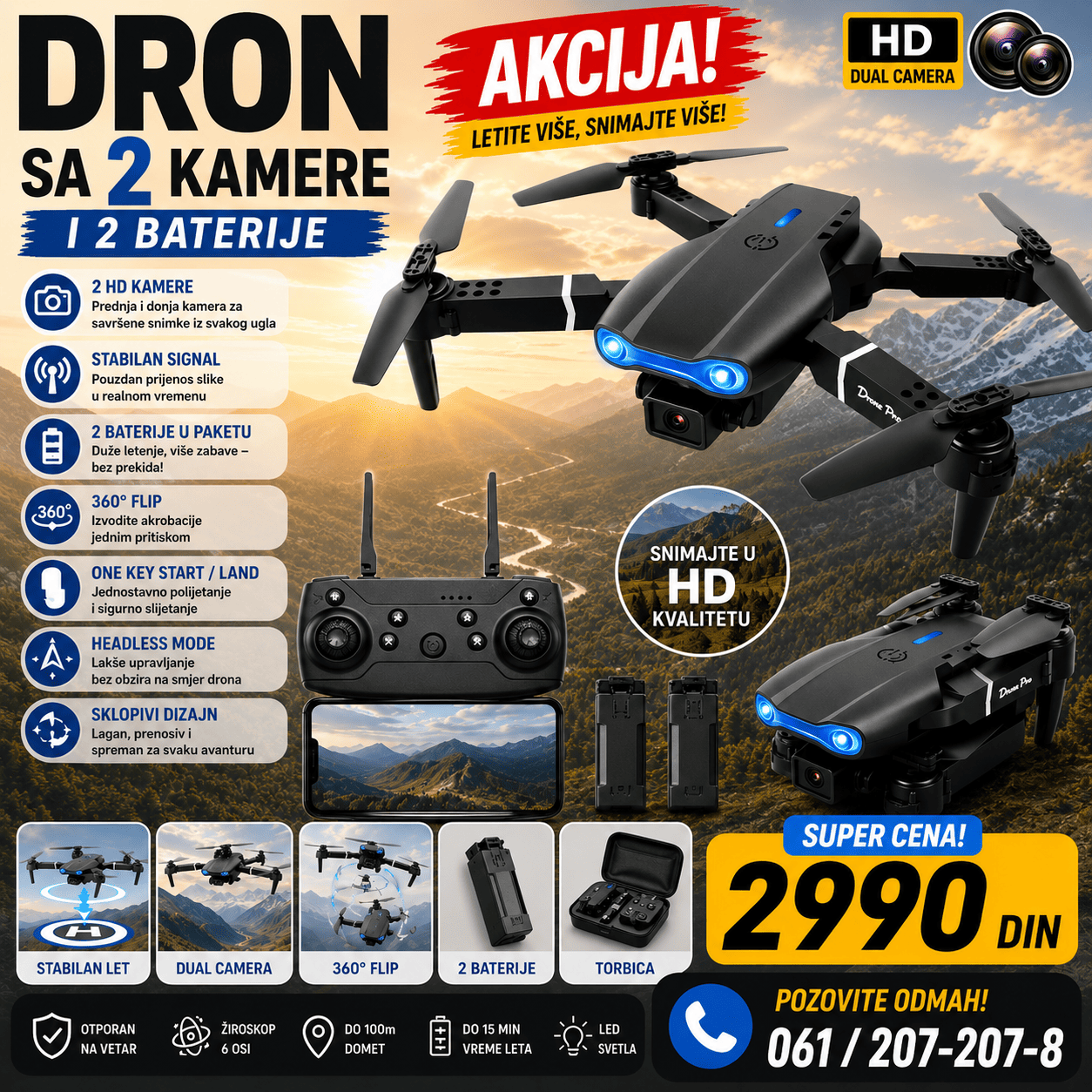 Sklopivi dron sa kamerom i daljinskim upravljačem, namenjen za snimanje fotografija i video zapisa iz vazduha tokom leta.