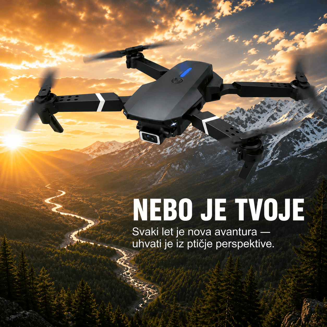 Moderni sklopivi dron sa kamerom i daljinskim upravljačem, pogodan za snimanje pejzaža, izleta i zanimljivih trenutaka iz vazduha.