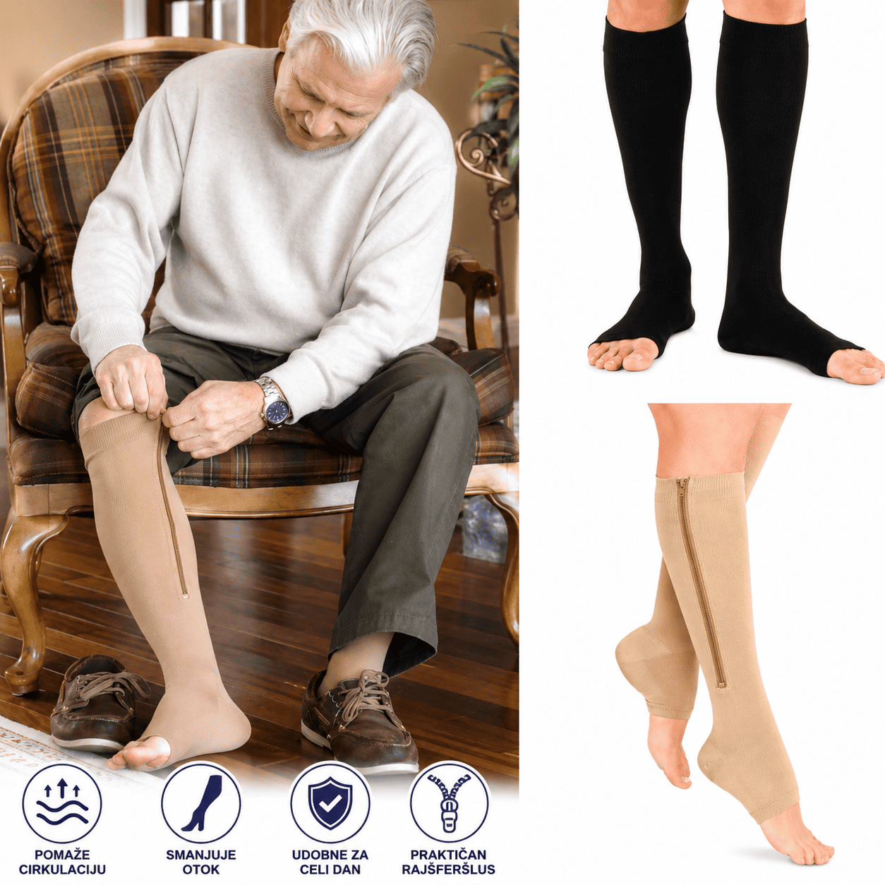 Zip Sox kompresivne čarape za noge sa bočnim patent zatvaračem, pogodne za svakodnevno nošenje kod kuće, na poslu ili tokom putovanja.