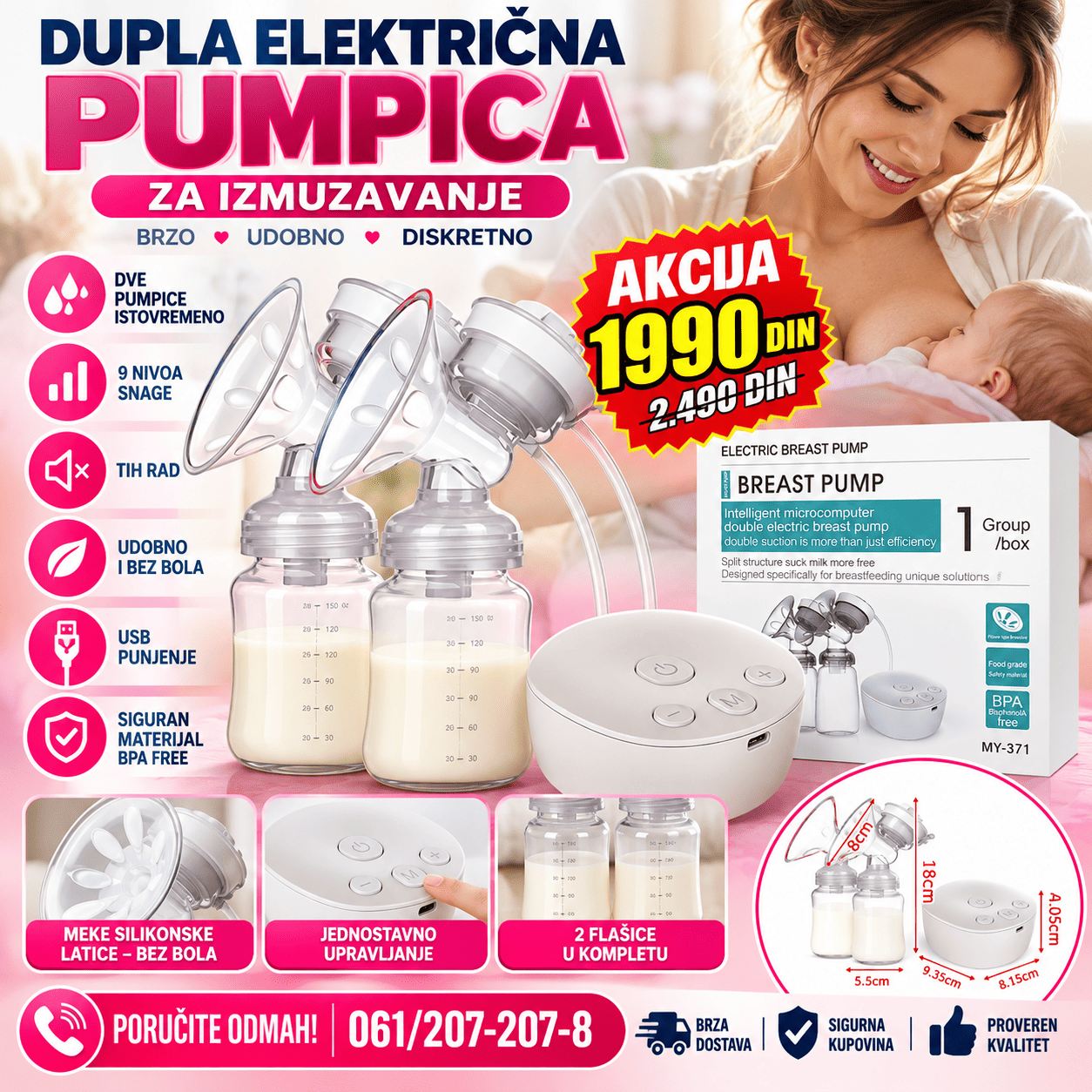 Dupla električna pumpica za izmuzavanje sa dve flašice, praktična za istovremeno i efikasno izmlazanje mleka.