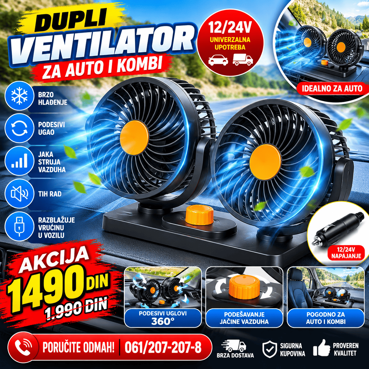 Dupli ventilator za auto i kombi 12V–24V sa podesivim uglom i regulacijom jačine protoka vazduha.