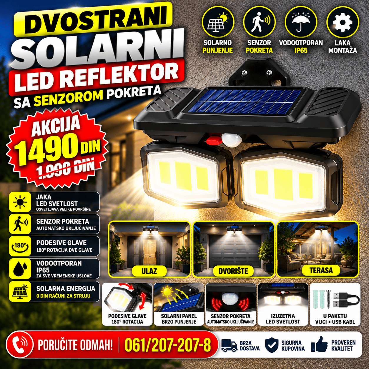 Dvostrani solarni LED reflektor sa senzorom pokreta, dve podesive svetlosne glave i solarnim panelom za spoljnu rasvetu.