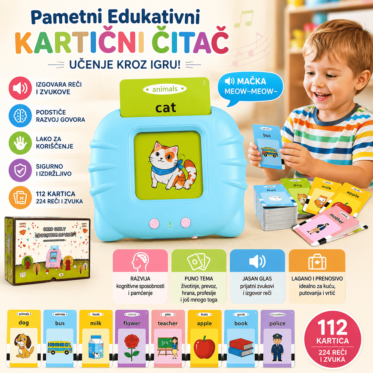 Dečiji edukativni set sa 112 kartica za učenje engleskih reči, sa slikama životinja, predmeta, hrane i drugih pojmova za lakše usvajanje rečnika.