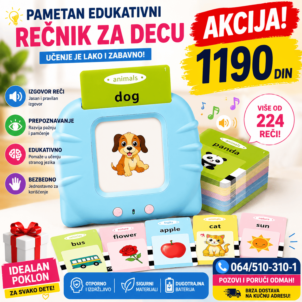 Edukativne kartice za decu sa ilustracijama i rečima koje pomažu mališanima da kroz igru razvijaju govor, proširuju vokabular i usvajaju nova znanja. 