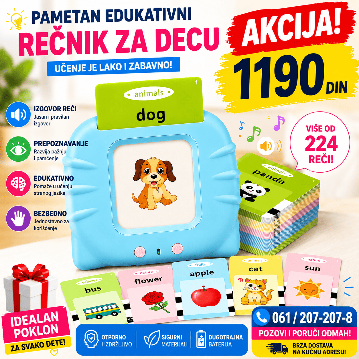 Edukativne kartice za učenje engleskog jezika sa 112 kartica i elektronskim čitačem, namenjene za zabavno upoznavanje dece sa engleskim rečima.