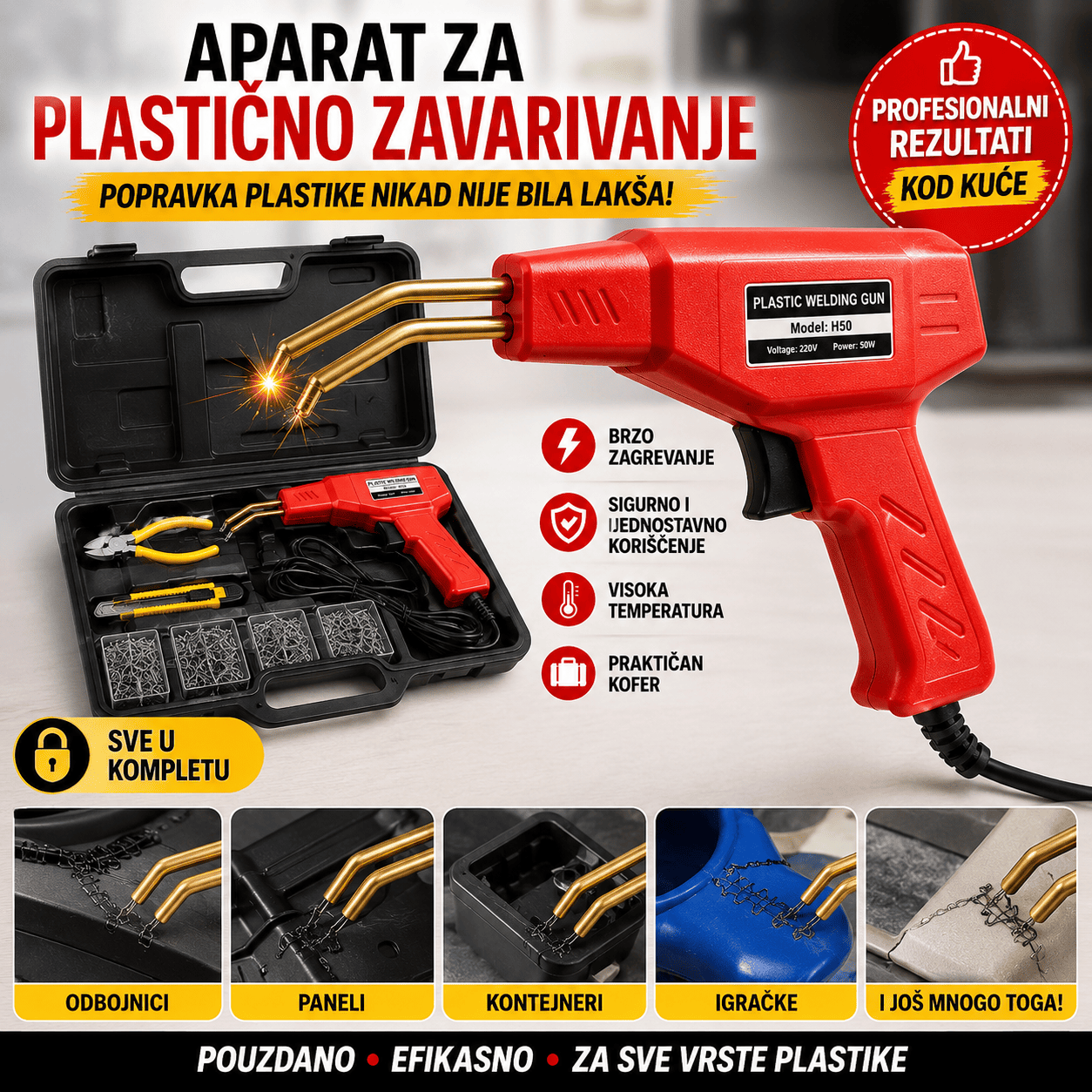 Efikasan pištolj za varenje plastike, dolazi sa koferom za lakše čuvanje i prenos. Savršen za kućne popravke i DIY projekte.