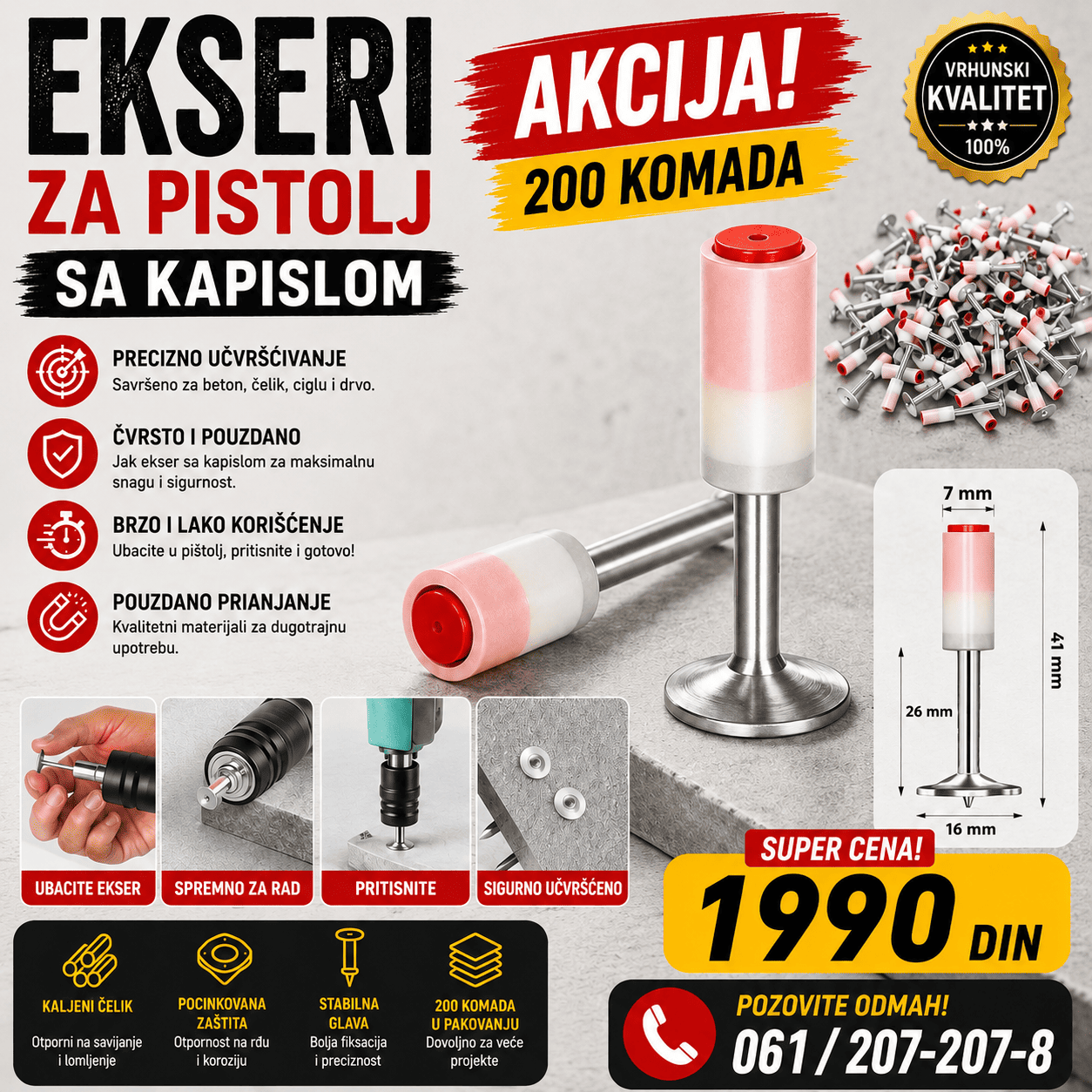 Set od 200 eksera sa kapislom za odgovarajući pištolj za eksere, praktičan potrošni materijal za montažu i pričvršćivanje.